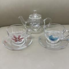 ガラス製　ティーカップ　ティーポット　セット　花柄　鳥柄