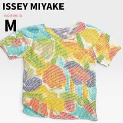 美品【イッセイミヤケ】立体プリーツ 半袖カットソー M ワッフル 花柄