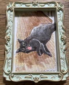 たたみに転がる黒猫さん　イラスト　原画のサムネイル