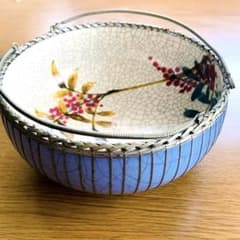 戦前 真鍮編み 菓子鉢 貫入 陶器 金属装飾 骨董 大正ロマン アンティーク 戦前 真鍮編み 菓子鉢 貫入 陶器 金属装飾 骨董 大正ロマン