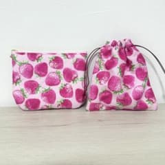 いちご柄 ポーチ 巾着袋 2点セット ハンドメイド - メルカリ