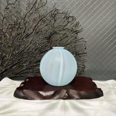 骨董　現代作家　富山ガラス工房　作家作品　縞模様　スカイブルー　かぶら型　花器 骨董 現代作家 富山ガラス工房 作家作品 縞模様 スカイブルー