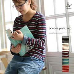 新品送料無料秋冬マルチボーダー袖折り返しデニムのカットソーTシャツ/プルオーバーのサムネイル