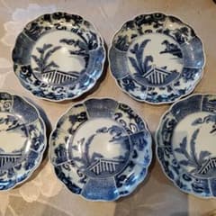 古伊万里　染付山水雲龍草花文皿5点揃　江戸時代中期(元禄)頃 古伊万里 染付山水雲龍草花文皿5点 江戸時代中期(元禄)頃お値下げ