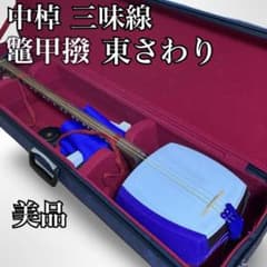 Excellent condition medium-sized shamisen, Azuma Sawari, with tortoiseshell plectrum and case, includes accessories. Japanese stringed instrument with artificial skin.