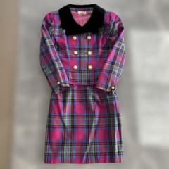 スカートスーツ 金ボタン チェック ベロア ピンク - メルカリ