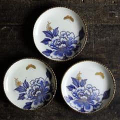 蝶と芍薬◇伊万里錦手金彩イゲ皿3客 中皿 骨董/antique 古美術 明治期
