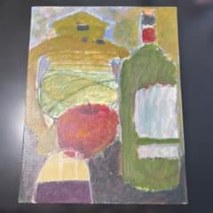 油絵 静物画 ワインボトルとリンゴのサムネイル