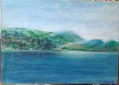 黒曜石とりに神津島へ　旧石器時代の景色　油彩　真作画　F4　清々しい汚染のない海 黒曜石とりに神津島へ 旧石器時代の景色 油彩 真作画 F4 清々しい汚染