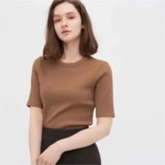 UNIQLO リブクルーネックT 5分袖 M ブラウンのサムネイル