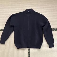 ブラック　リブ編み　ジップアップ　セーター　ニット　ハイネック L