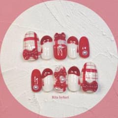 ネイルチップ チェックリボン strawberry red 量産型ネイルのサムネイル