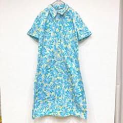 シャツワンピース 襟付き 半袖 花柄【M】水色 黄 綿 デート 総柄
