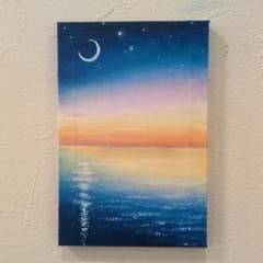 Thumbnail of 【原画：約15×10cm】 日暮れの三日月と海　オイルパステル画　キャンバス画
