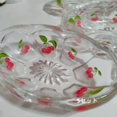 昭和レトロ ガラス食器 フルーツデザートボール  チェリー柄 5セットビンテージのサムネイル