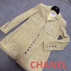 CHANEL シャネル イエロー系 ツイード ロング ジャケット コート38 