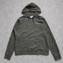 Champion パーカー L カーキ 筆記体ロゴ 刺繍 ワンポイント 裏起毛
