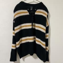 rue21 ボーダー柄 レースアップ ローゲージニット セーター M Y2K