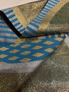 袋帯　キラキラの金色にボーダーのターコイズ色が素敵！のサムネイル