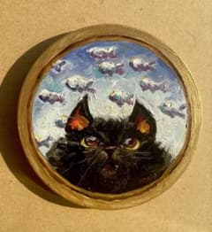 夢見る猫 油彩画 黒猫 オリジナル 手描き 油絵 原画 ミニ絵画 - メルカリ