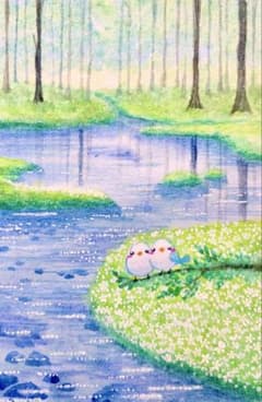 原画 水彩 森の水辺と小鳥さん 値段は※900円です - メルカリ