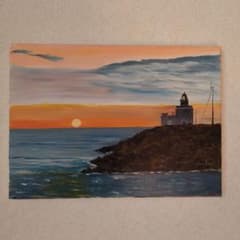 北海道根室納沙布岬の夕陽，自作自筆油彩画，張りキャンバスサイズF-4