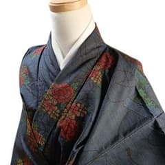 K7 袷 お召し物 着物 正絹 大島紬 花 紬 青 - メルカリ
