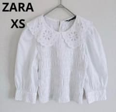 ZARA ザラ刺繍入りホワイト白七分袖ブラウス シャーリングシャツXS