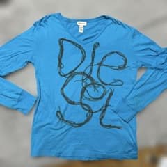 DIESEL 長袖カットソー Vネック ロゴ刺繍　水色　ターコイズブルーのサムネイル