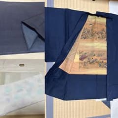 【しつけ糸付き】男性着物4点 着物・羽織・長襦袢・帯 裏地合戦図 正絹 昭和期のサムネイル