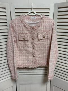 ツイード ノーカラージャケット ピンク Mサイズのサムネイル