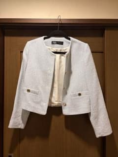 ZARA ツイード ノーカラージャケット ライトブルーのサムネイル