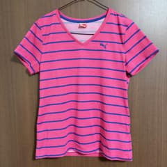 Y2K PUMA Vネック Tシャツ ピンク ボーダー Mのサムネイル