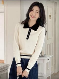 SHEIN ホワイト ポロカラー 長袖ニットのサムネイル