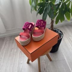 Hermes ピンク スエード ウェッジサンダル エルメス 限定 サイズ37 