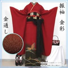 607z27〇振袖 金通し 金彩 蝶々 赤 黒 シンプル〇美品 成人式 結婚式
