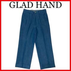 希少 美品 GLADHAND 綿麻 デニムトラウザーズ ブルー L ダブル仕立て 希少 美品 GLADHAND 綿麻 デニムトラウザーズ ブルー L ダブル仕立て