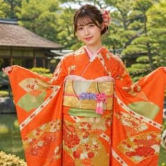 格安！振袖フルセット 10点 成人式 結婚式 前撮り 黄色 オレンジ 末広