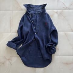 Ralph Lauren リネンシャツ 麻100% 紺 ピンクポニー刺繍 上品 - メルカリ