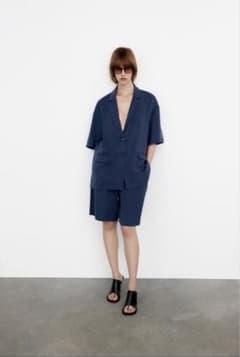 【新品タグ付き】ZARA ザラ 半袖オーバーサイズジャケット ネイビー Sサイズのサムネイル