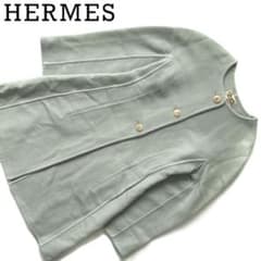 HERMES エルメス カシミヤ混 ノーカラー ロングコート ミントグリーン 