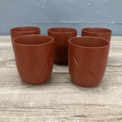 D-4 朱泥 常滑焼 湯呑み 5客セット 竹彫文 煎茶道具 湯のみ 和食器