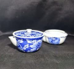 煎茶道具 京焼染付宝瓶+湯冷まし(オマケ) 龍在銘 未使用美品 旧家