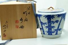 Ｓ４３６　水指　『染付　竹の図　水指』『平安　高野正阿弥造』　共箱　茶道具 S436 水指 『染付 竹の図 水指』『平安 高野正阿弥造』 共箱