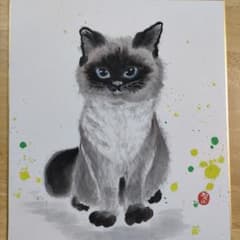 水墨画 墨彩 ラグドール 猫 手描き 直筆 アート 色紙 猫の絵 イラスト