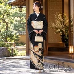 新品/黒留袖/逸品！/5点セット/5つ紋】貝桶に鶴 縁起柄 金駒刺繍 金彩