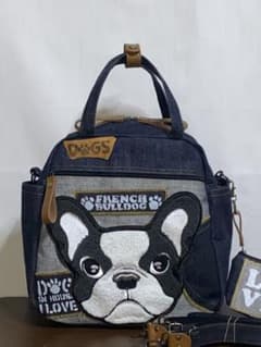 ☆岡山デニム☆フレンチブルドッグ☆特大ワッペン☆4wayボストンバッグ ☆岡山デニム☆フレンチブルドッグ☆特大ワッペン☆4wayボストンバッグ