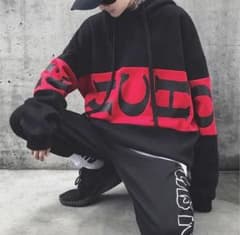 ビッグロゴ バイカラー パーカー 韓国ファッション ユニセックス プルオーバーのサムネイル