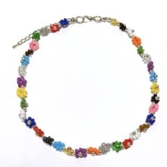 S101 フラワー ビーズネックレス【マルチカラー×シルバー】花 ビーズアクセ