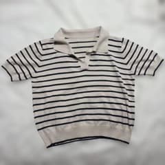 SHEIN ボーダー 半袖ニット ベージュ×ブラックのサムネイル